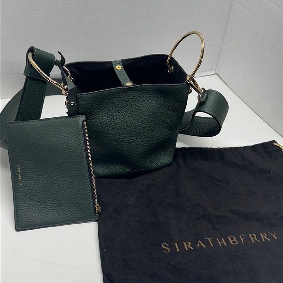 Strathberry Lana Nano Bucket Bag Purse Dark Bottle Green Gold Metal Hardware - Picture 1 of 13